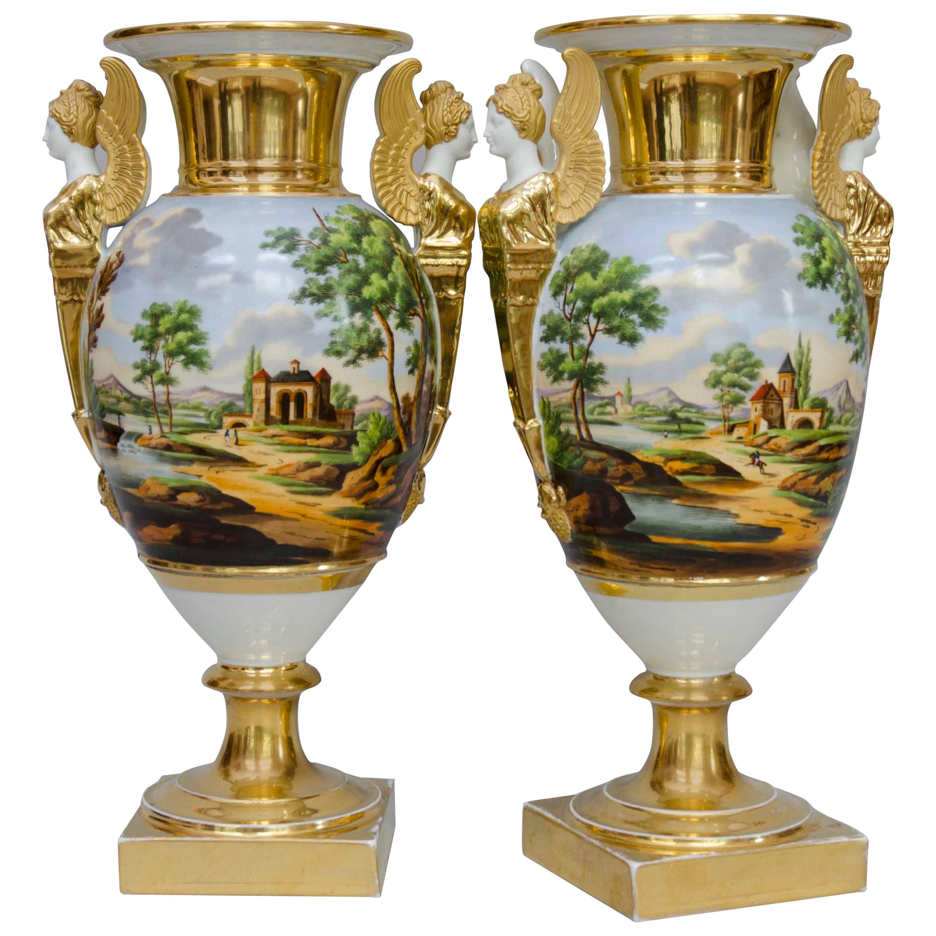 Early 19th Century Pair of Large Egg Shaped Vases, Italian Landscapes, Paris For Sale
