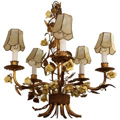 1950s Tole Chandelier with Yellow Roses