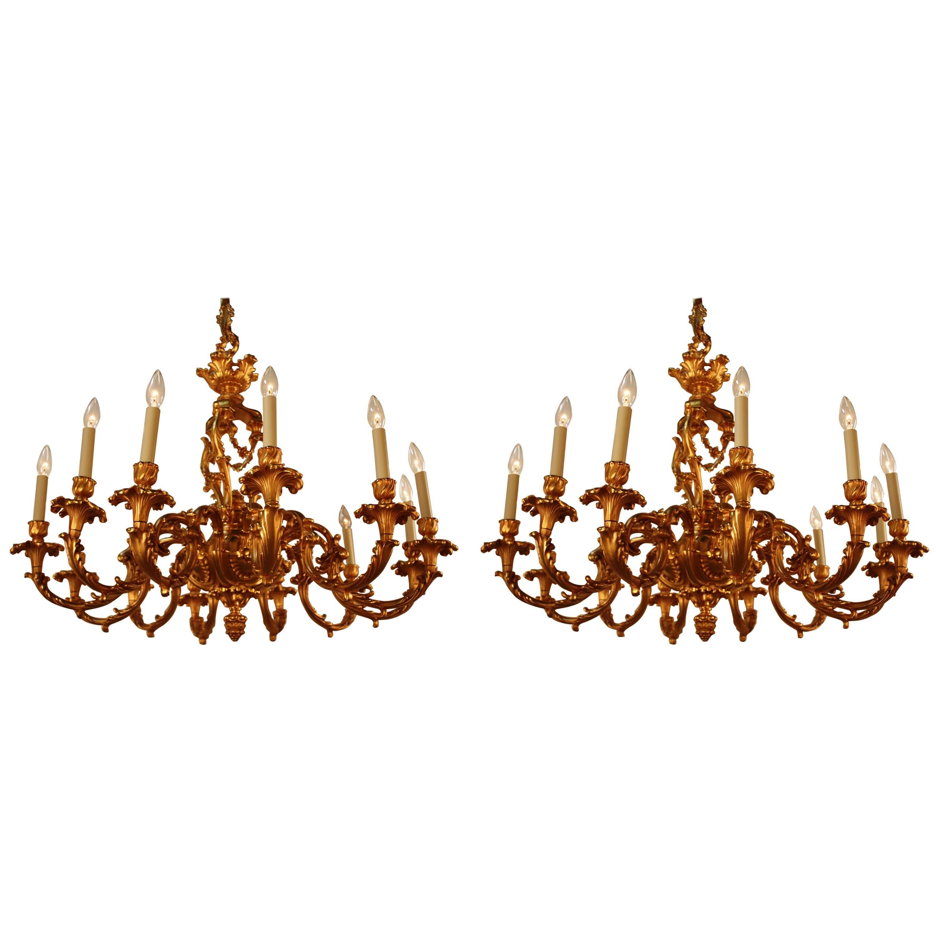 Pair of Louis XV Style French Doré Bronze Chandeliers