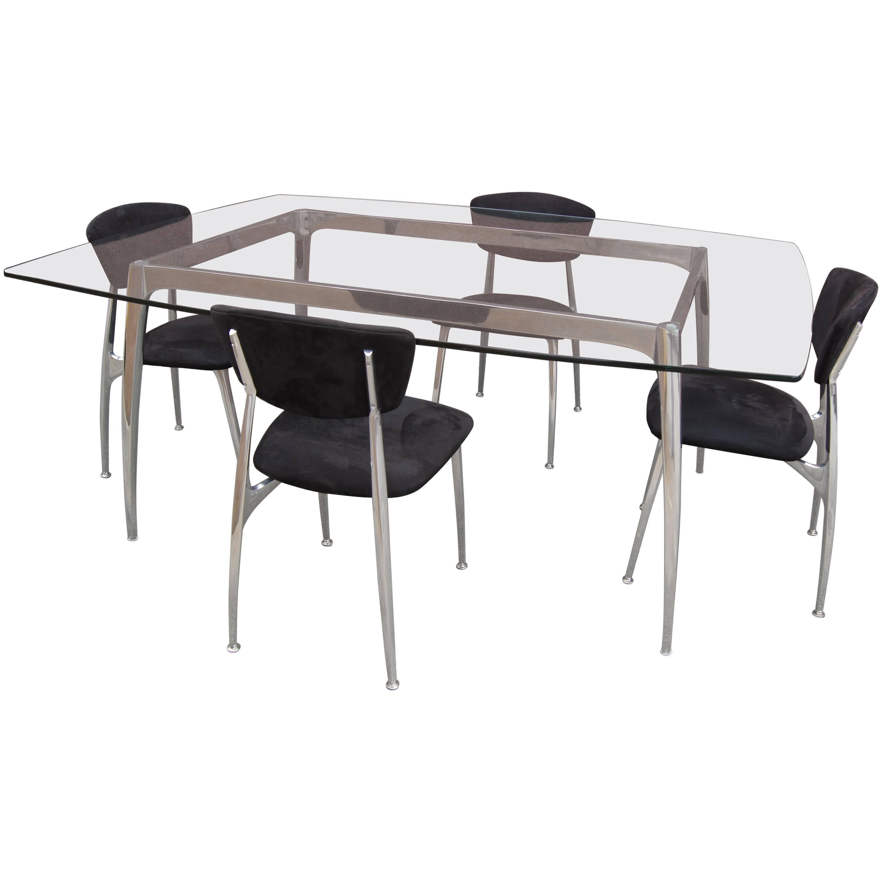 Polished Aluminum and Glass Dining Table with Matching Chairs by Nambé