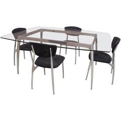 Vintage Polished Aluminum and Glass Dining Table with Matching Chairs by Nambé