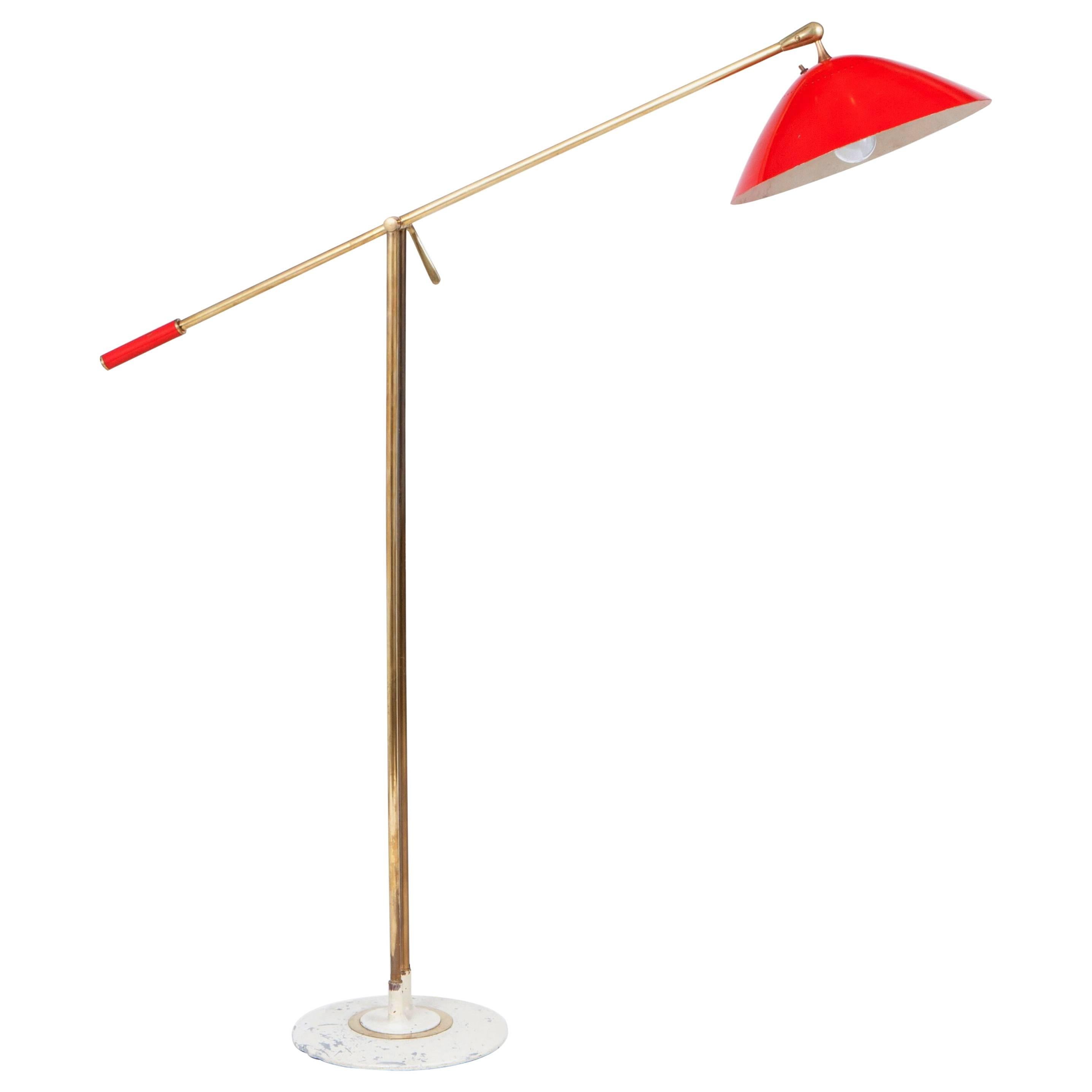 Stilnovo Italian Brass and Red Lacquer Adjustable Floor, Lamp, 1950s