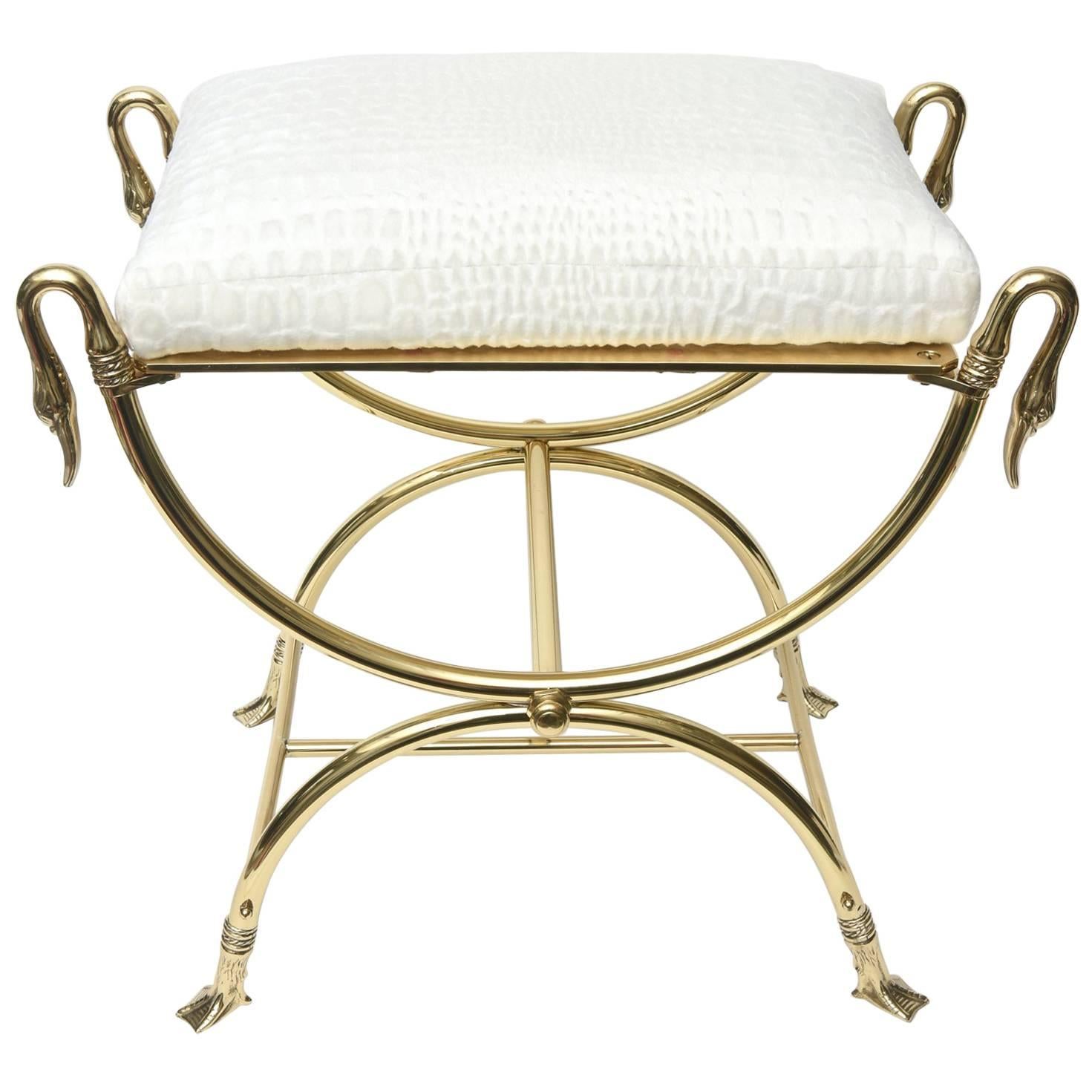 Italian Midcentury Maison Jansen Style Solid Brass and Upholstered Bench 