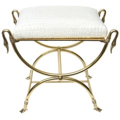 Italian Midcentury Maison Jansen Style Solid Brass and Upholstered Bench