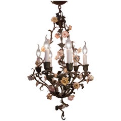 French Louis XV Style, Iron and Porcelain Small Chandelier, circa 1920