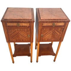 Antique Pair of Napoleon Style Wood & Marble Inlaid Nightstands Bedside Cabinets