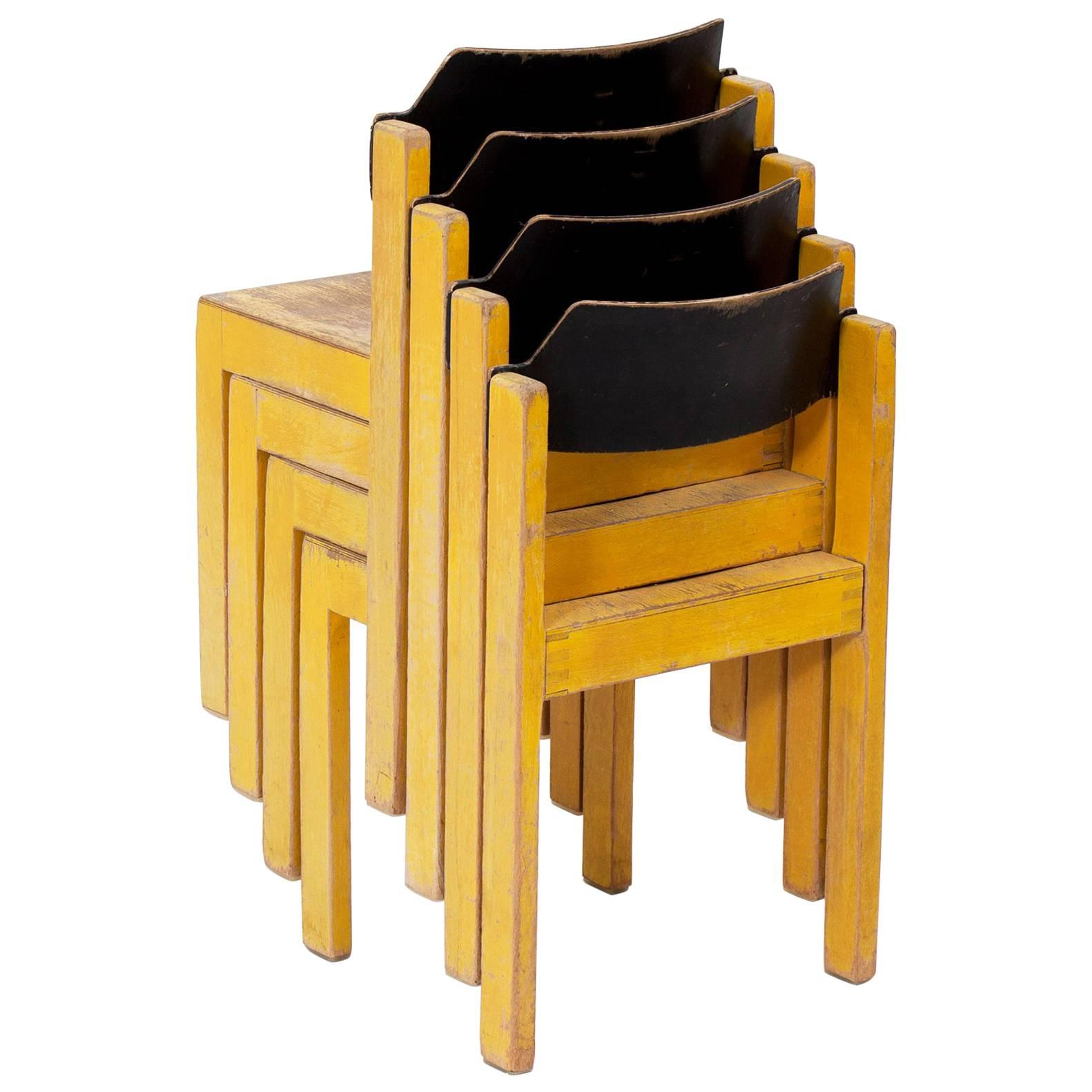 Midcentury German Stackable Yellow Wooden Children's Chairs