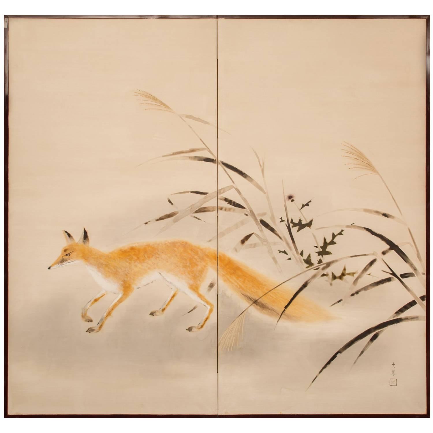 Japanese Two-Panel Screen, Red Fox and Thistle with Wild Grass For Sale