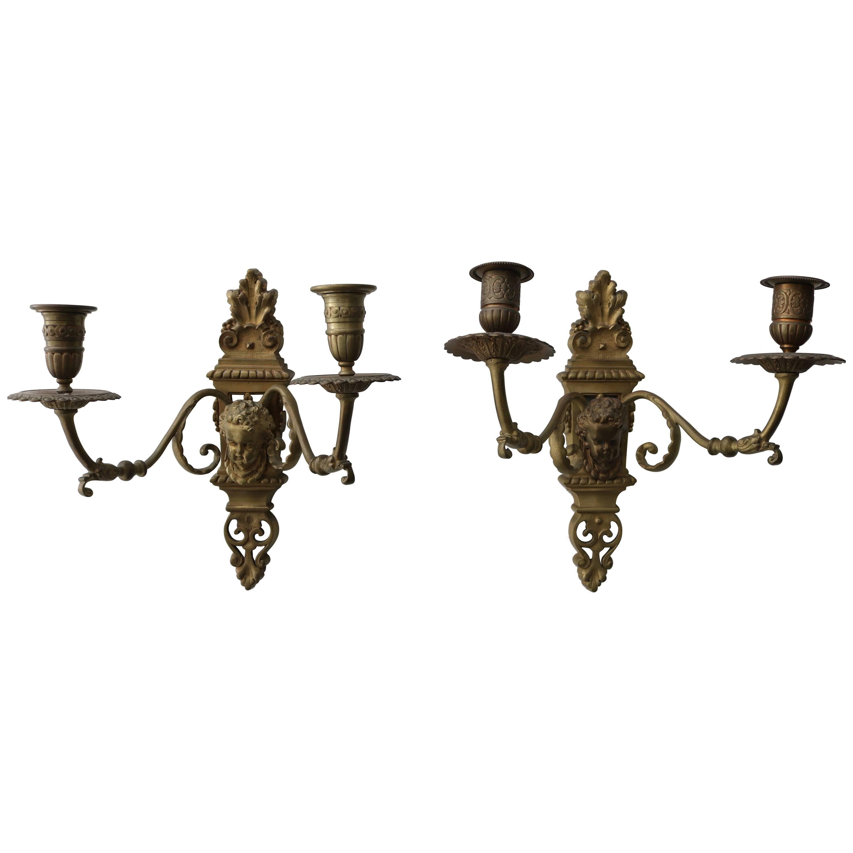 Pair of Louis XVI Style Bonze, French, Wall Sconces with Cherubs