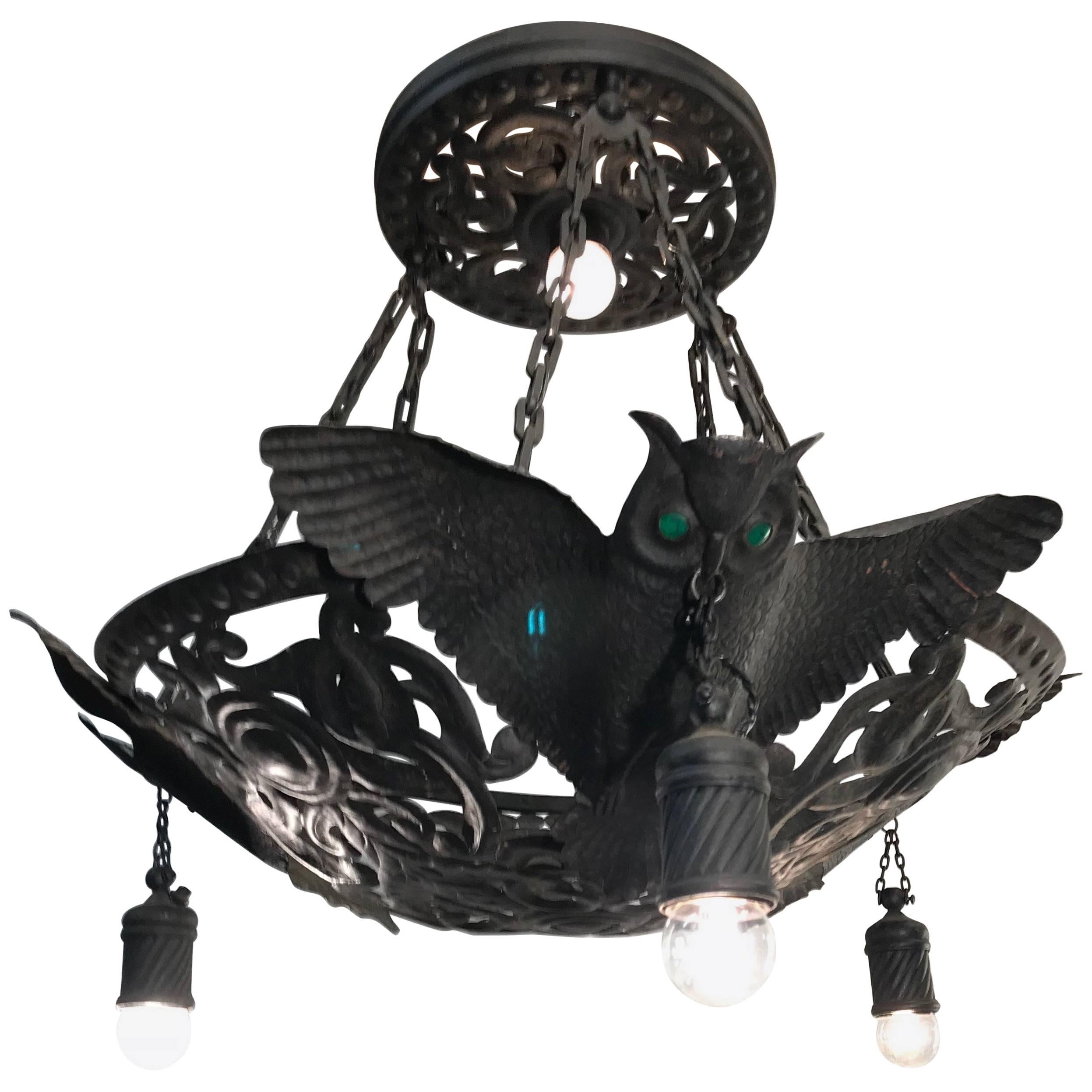 Unique Arts & Crafts Flying Owl Sculptures Pendant / Metal Art Light Fixture