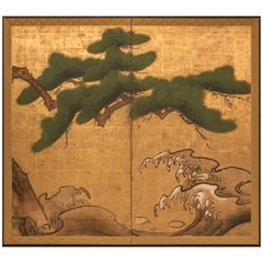 Japanese Two-Panel Screen "Craggy Coast Line with Waves and Pine"