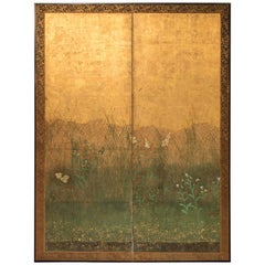 Japanese Two-Panel Screen "Autumn Flower Design on Gold"