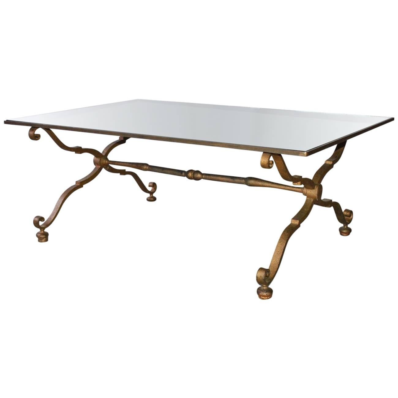Vintage Gilt Wrought Iron and Mirrored Coffee Table For Sale