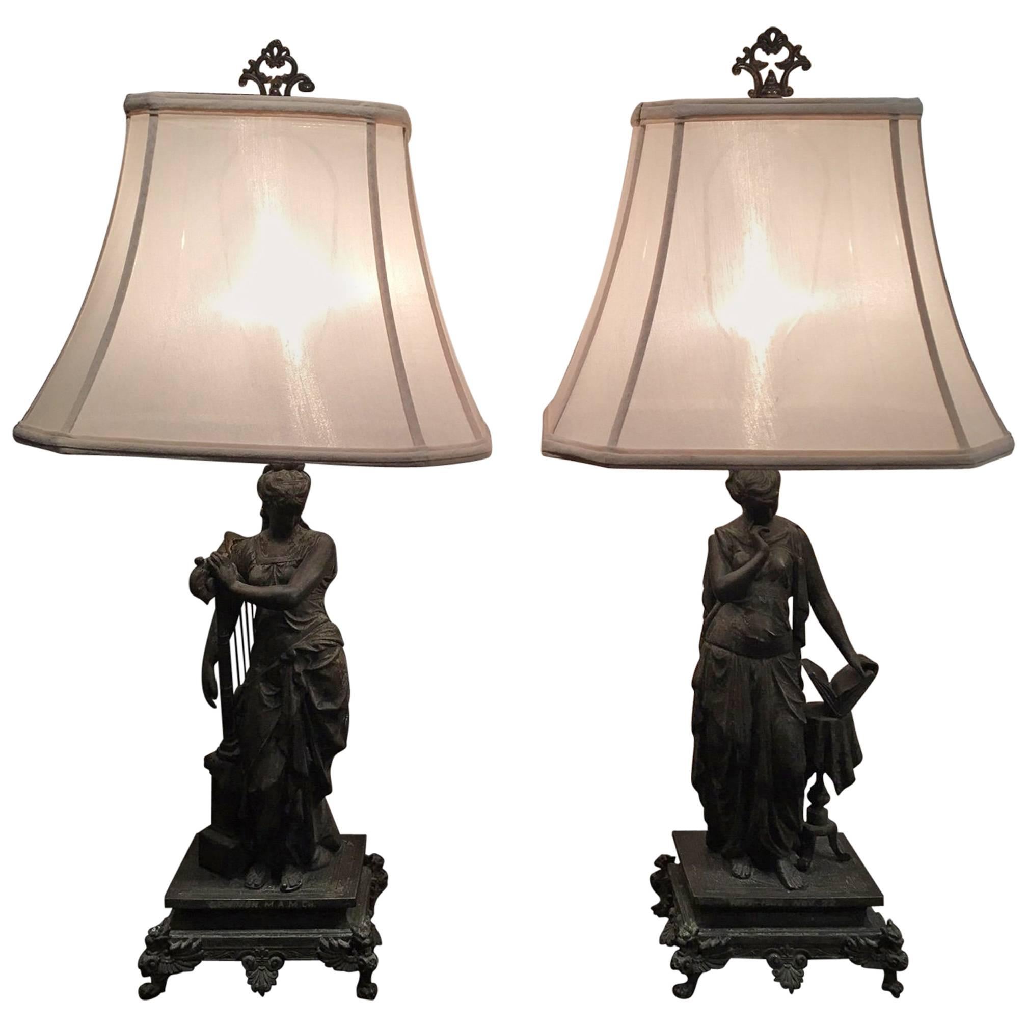 Pair of Lady Figures on Pedestals Adapted as Lamps, Late 19th-Early 20th Century