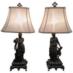 Pair of Lady Figures on Pedestals Adapted as Lamps, Late 19th-Early 20th Century