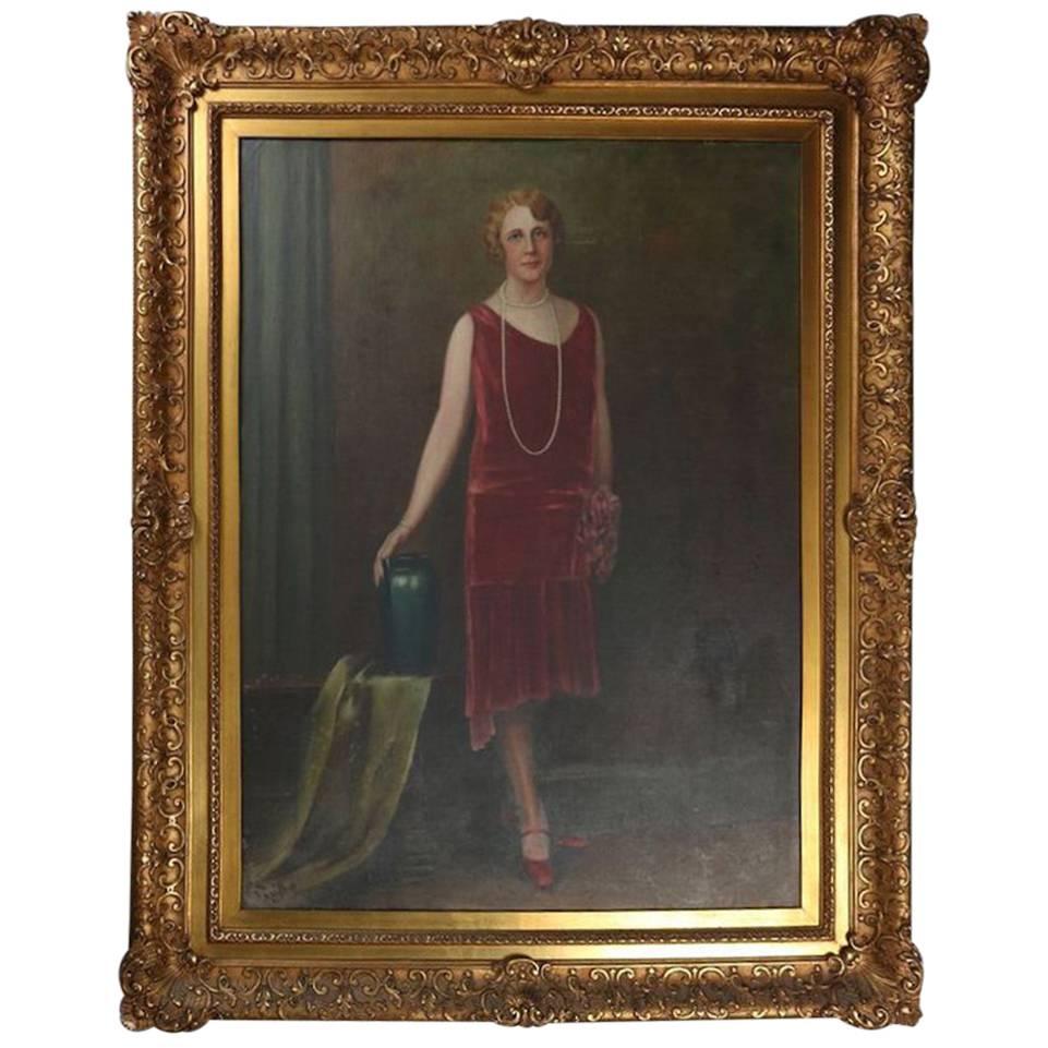 Oversize Antique Oil on Canvas Portrait Painting of Lady in Flapper Dress