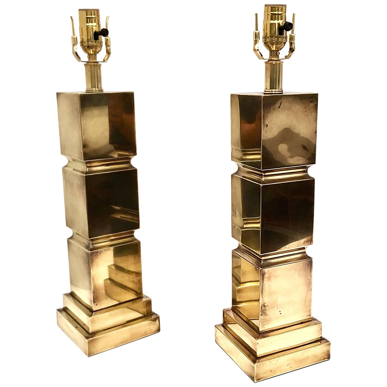 Striking Pair of Geometric Table Lamps in Polished Brass Finish