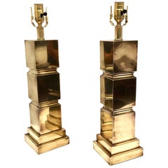 Striking Pair of Geometric Table Lamps in Polished Brass Finish