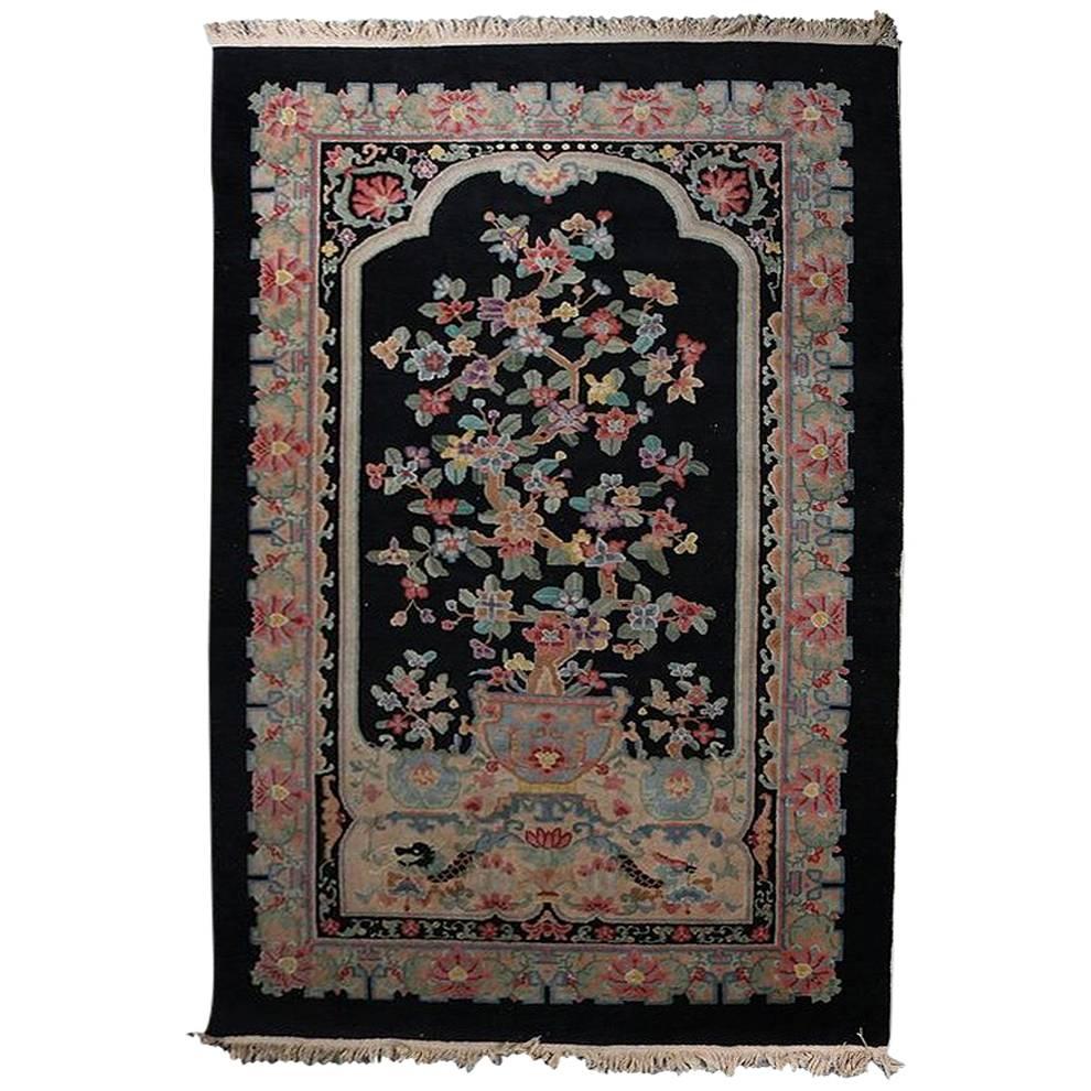 Antique Chinese Hand Knotted Nichols Floral Bonsai Carpet