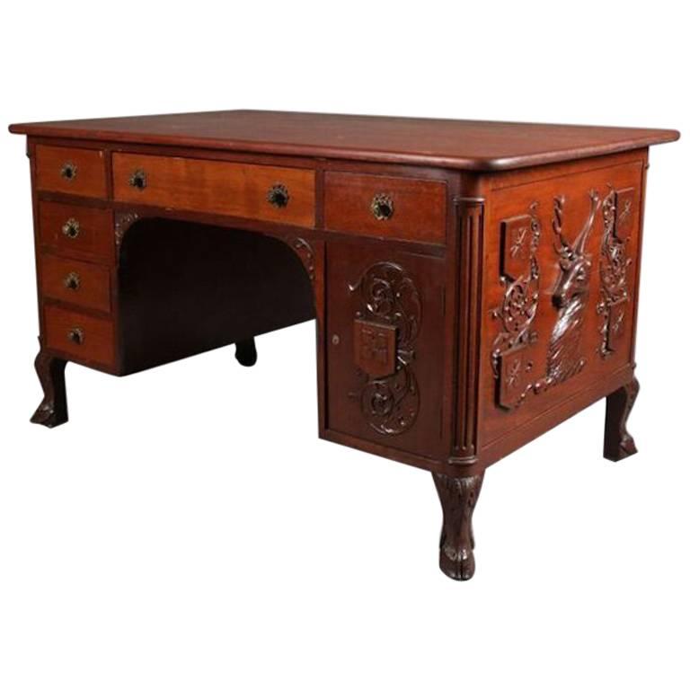 Antique German Carved Mahogany Black Forest Style Stag Partners' Desk