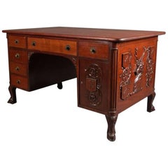 Antique German Carved Mahogany Black Forest Style Stag Partners' Desk