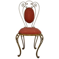 Vintage Italian Gilt Wrought Iron Vanity Chair Pink Velvet Upholstery Pier Luigi Colli