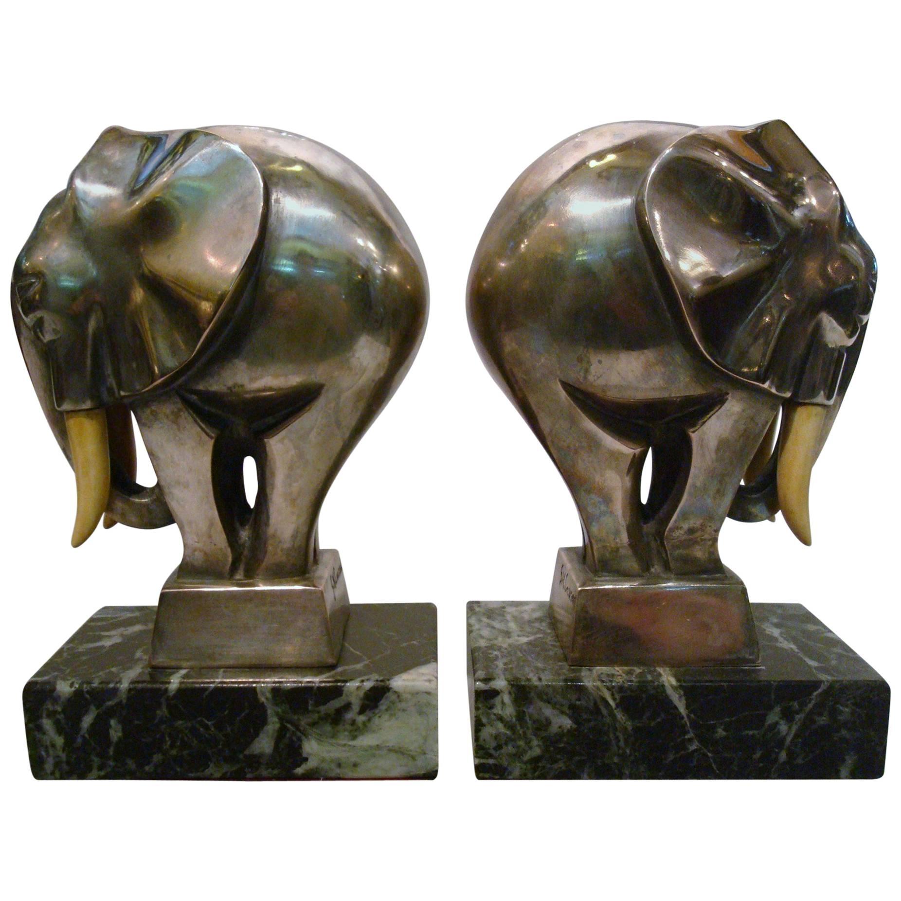 Art Deco Bronze Elephant Bookends Signed G. H. Laurent, France, 1920s