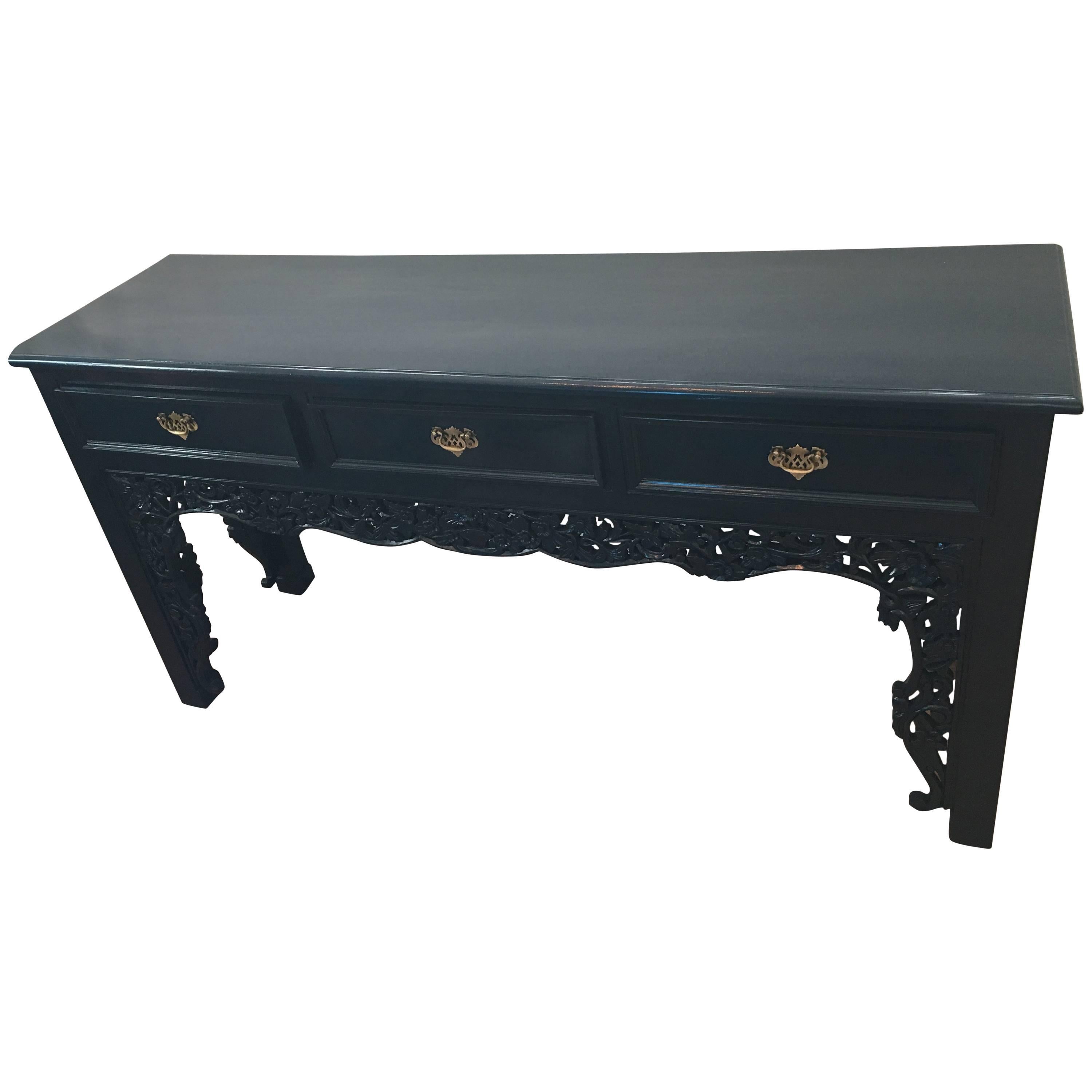 Midcentury Carved Three Drawers Lacquered Console Table For Sale