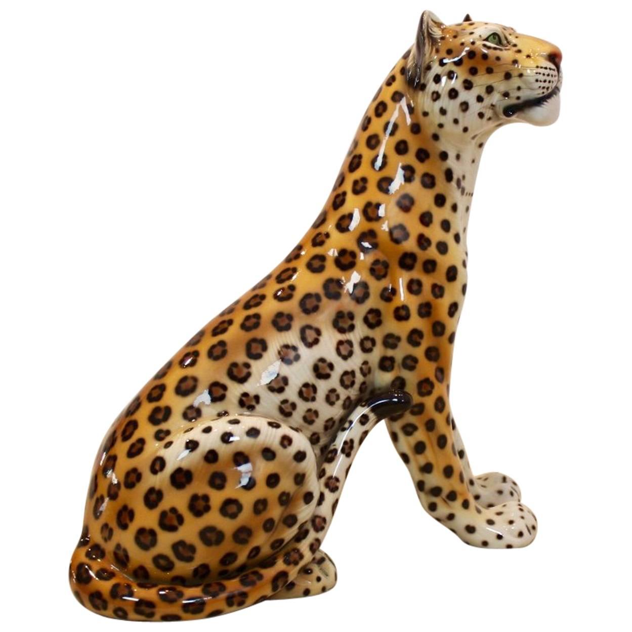 Large Hand-Painted Porcelain Leopard Sculpture by Ronzan, Italy 