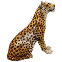 Large Hand-Painted Porcelain Leopard Sculpture by Ronzan, Italy, 1970s