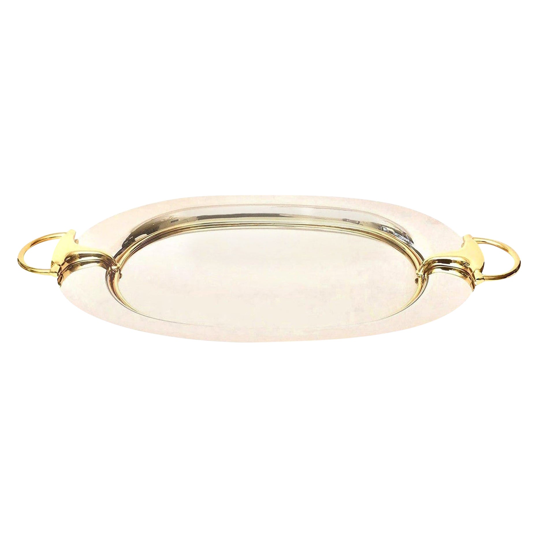 Bandeja ovalada con asas de latón y chapa de plata Gucci Vintage Barware en venta