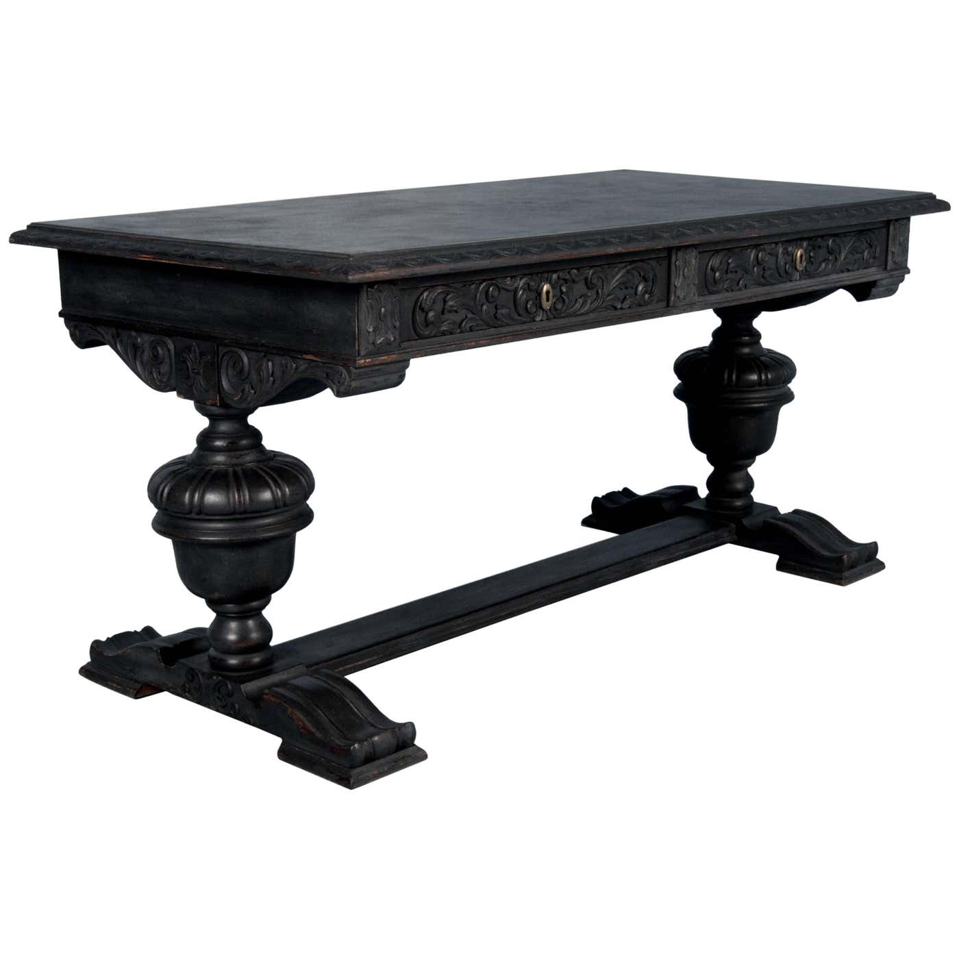 Antique Hand-Carved Library Table Desk from Denmark Painted Black at ...