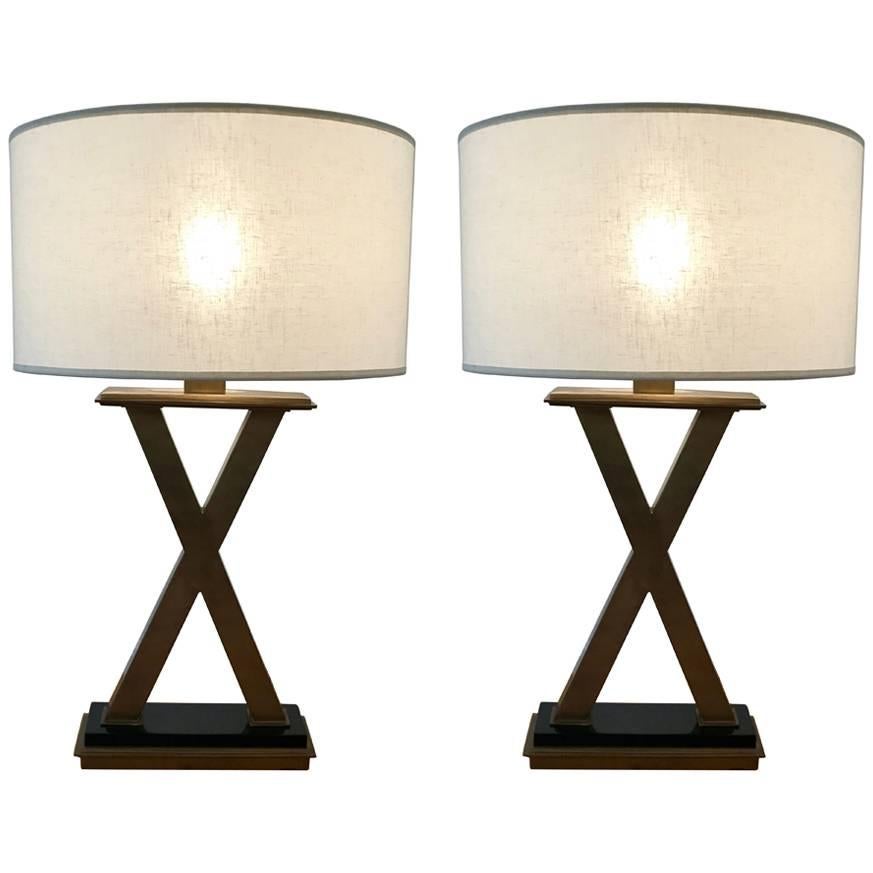 Pair of Modern Brass & Marble Table Lamps with "X" base