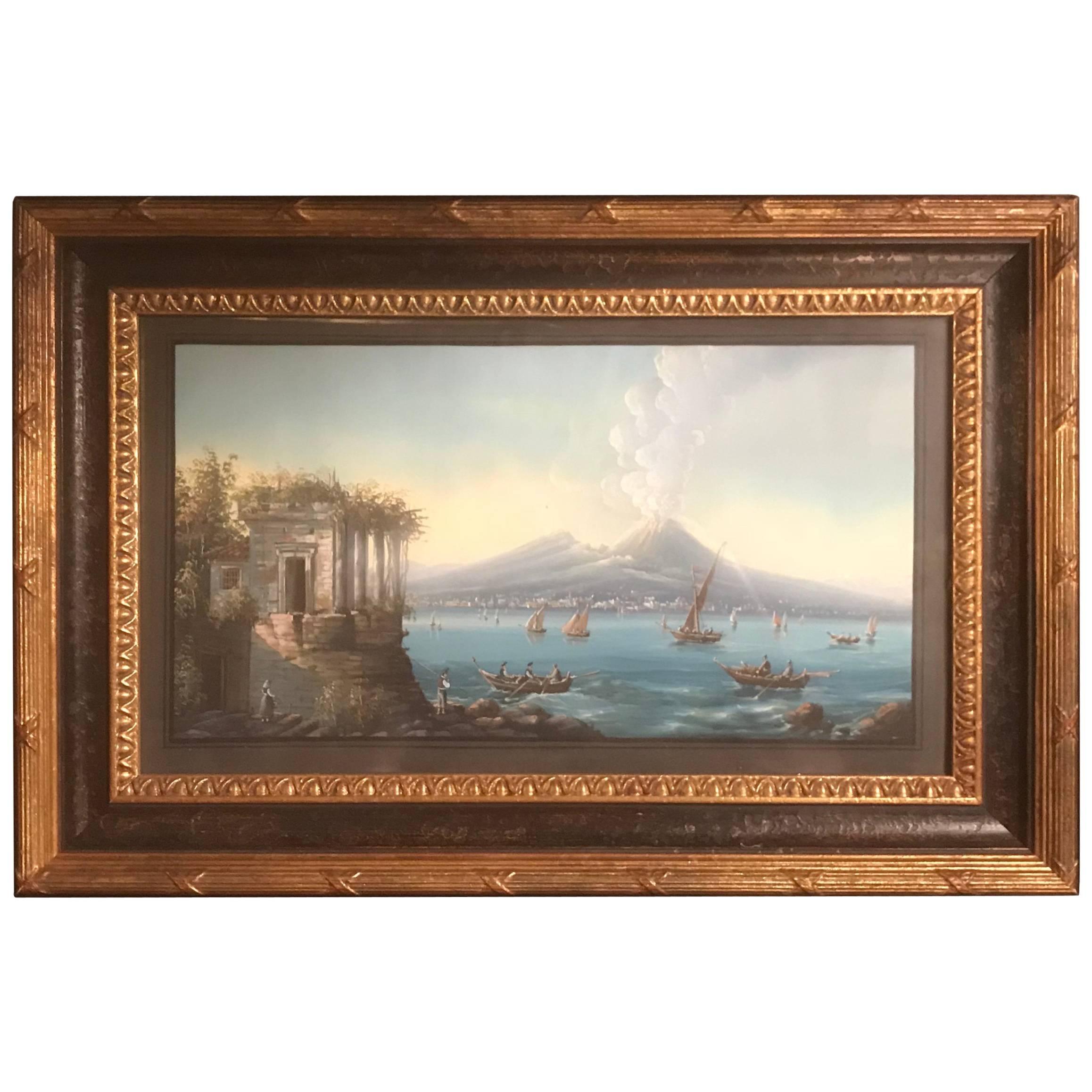 Italian Gouache of Mount Vesuvius and the Bay of Naples