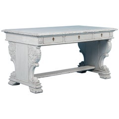 Carved Antique Library Table Desk with White Paint