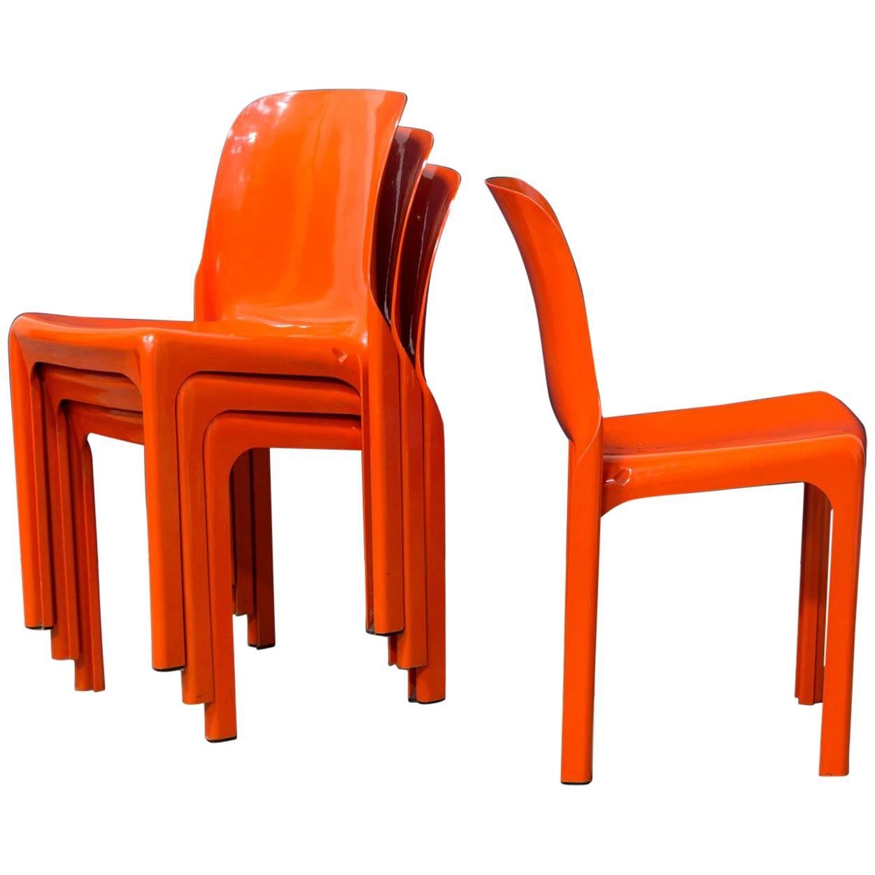 1969, Vico Magistretti for Artemide, Set of Four Orange Selene Chairs