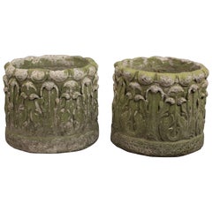 Antique Pair of 1920s Concrete Planters with Acanthus Motif
