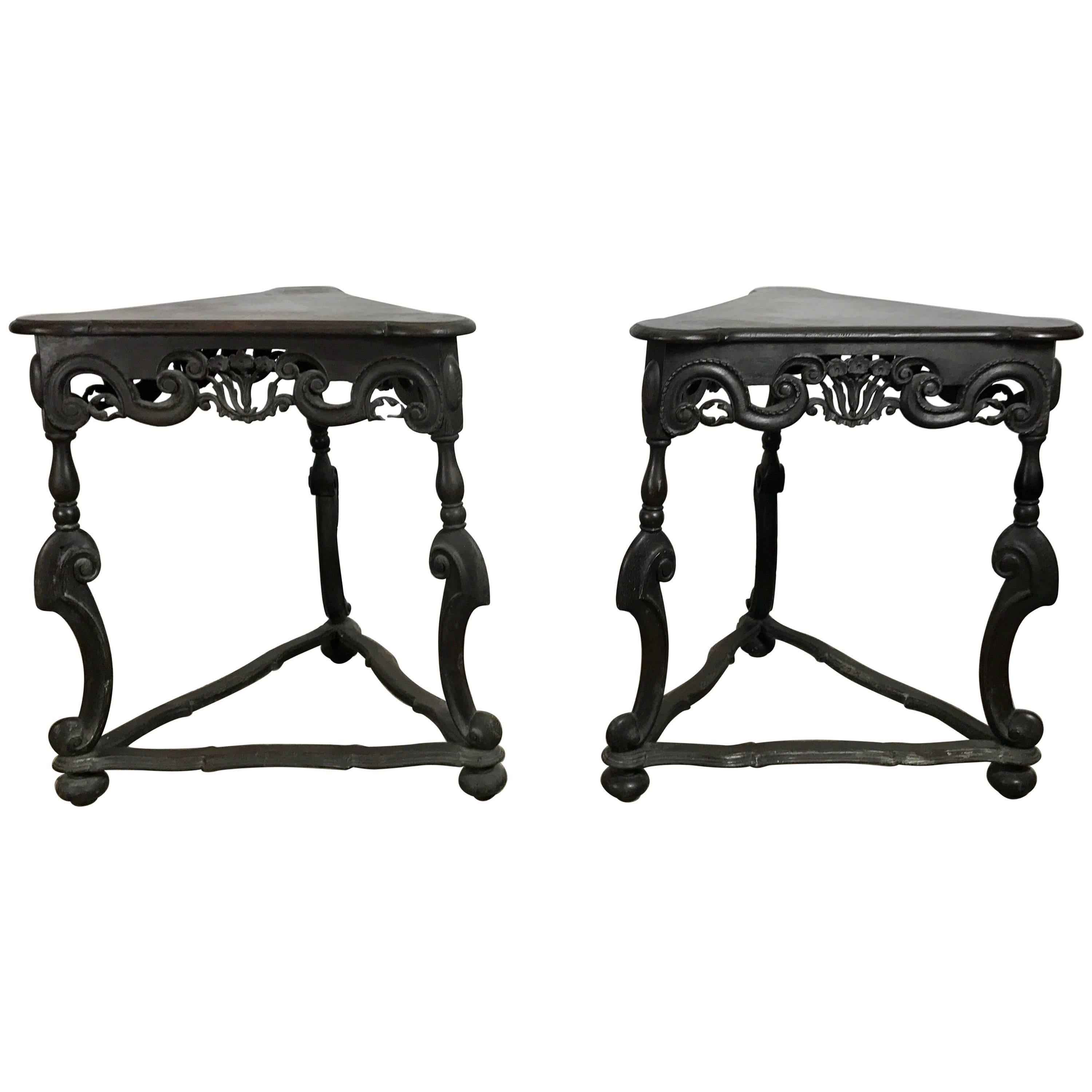 Pair of Rococo Style Triangular Carved Walnut Tables