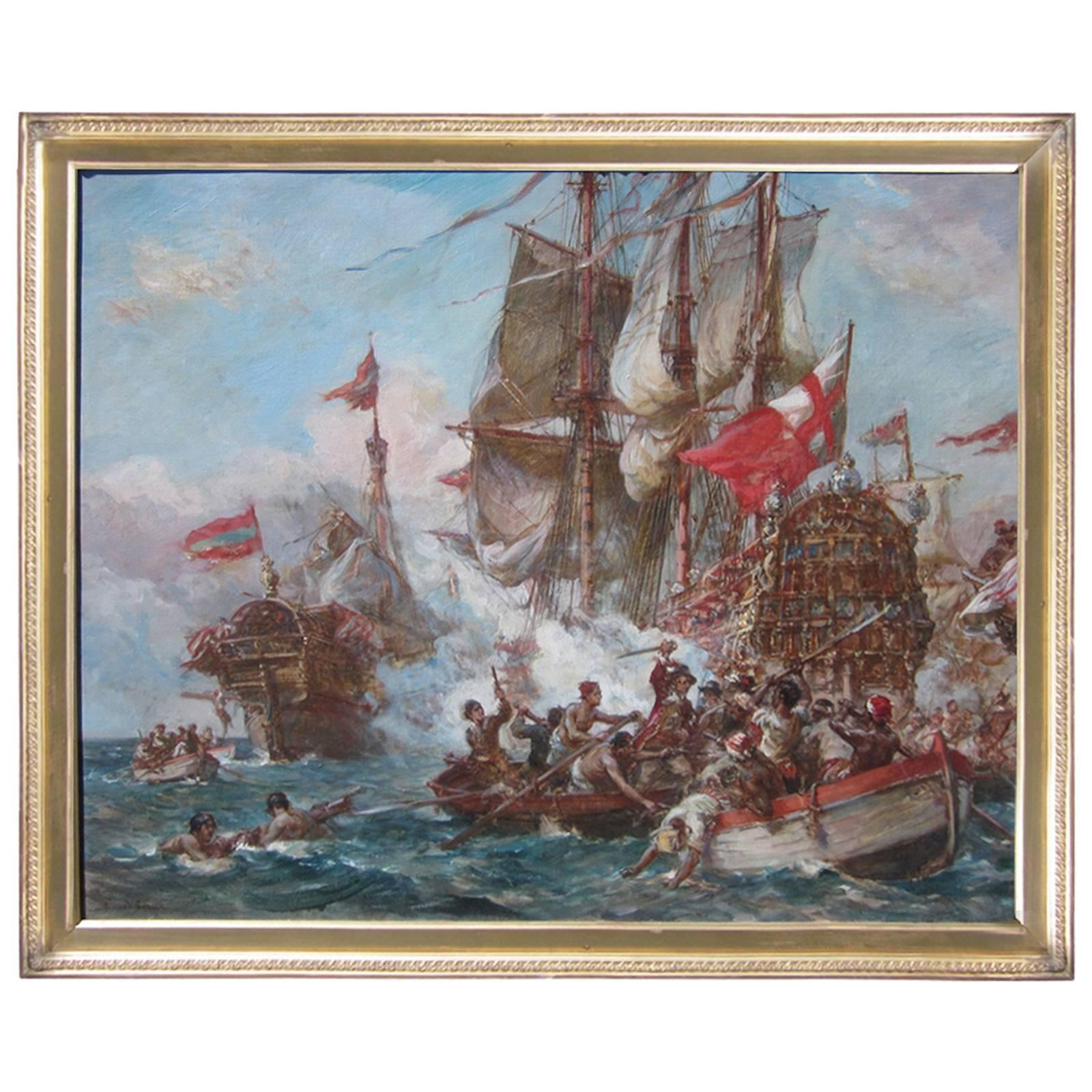 English Naval Battle, Oil Painting by Bernard Gribble
