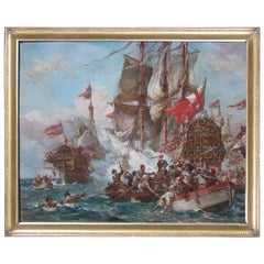 English Naval Battle, Oil Painting by Bernard Gribble