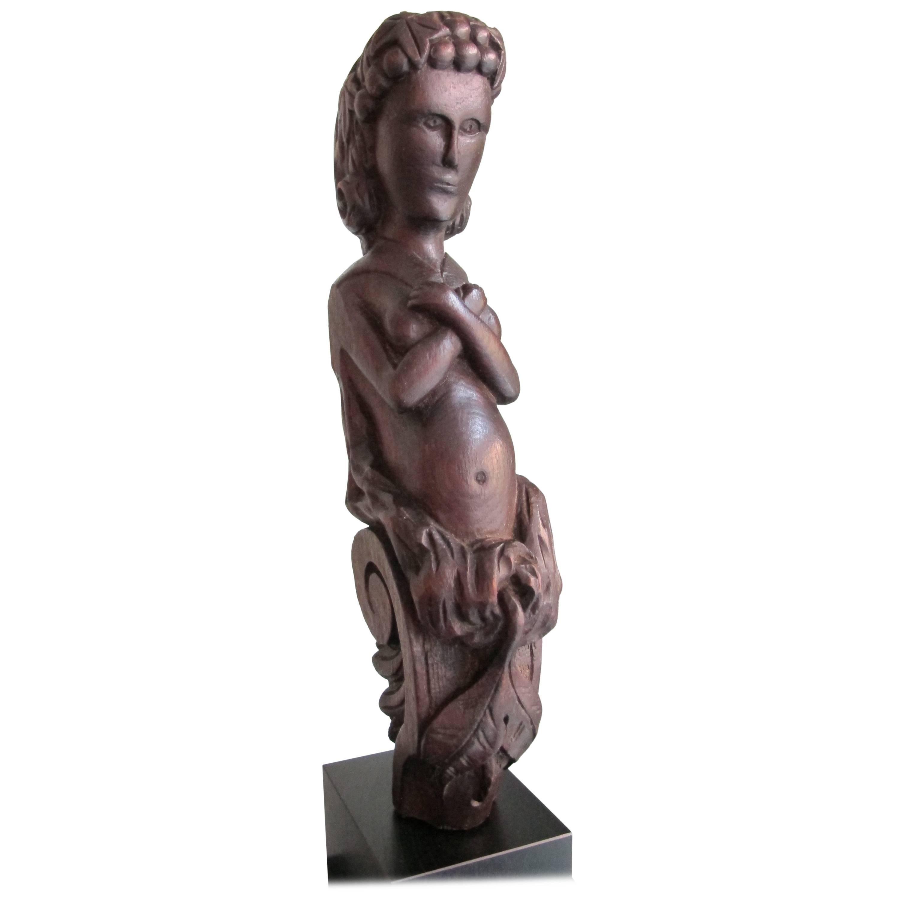 Carved Wood Caryatid Figure with Arms Crossed over Breasts For Sale