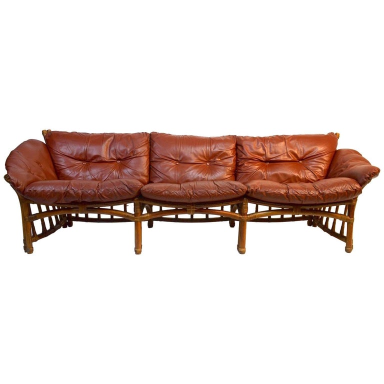 Incredible Leather, Ash and Rattan Sofa at 1stDibs