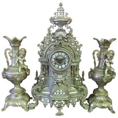 Vintage Three-Piece Brass Garniture Clock Set