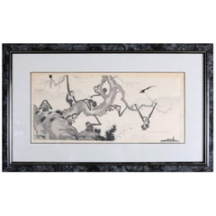 Antique Chinese Black Work Print "Monkeys by Seashore", Chop Mark Signed