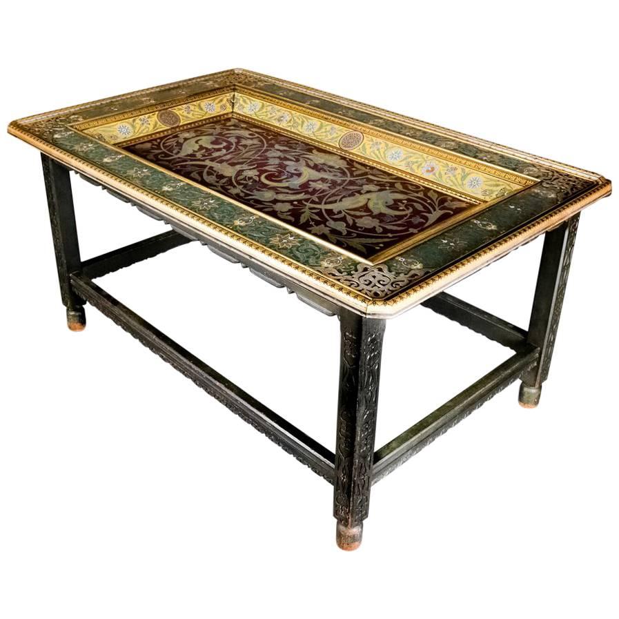 Important Antique Moorish Arabesque Enameled Silver Table, Carved Hardwood Base