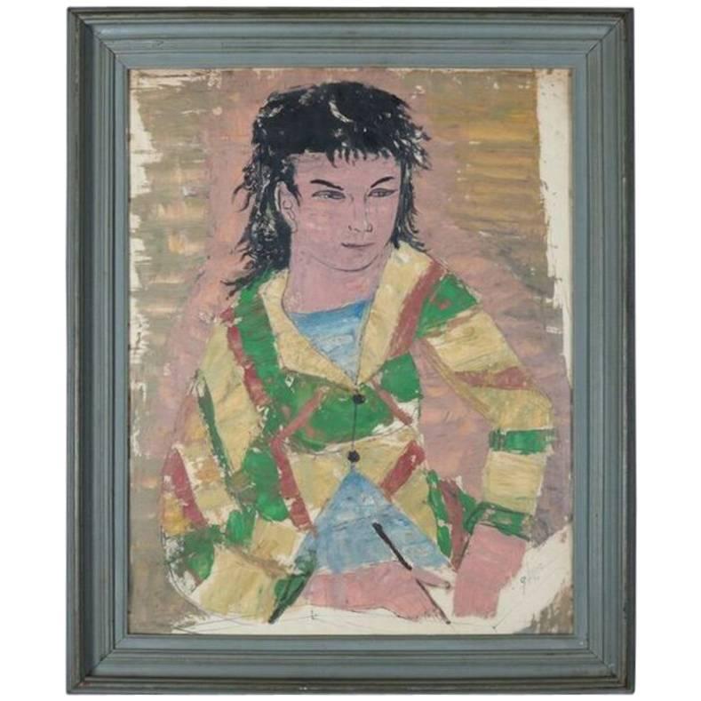 Vintage Self Portrait Painting of Young Asian Man Signed Glecin, 20th Century