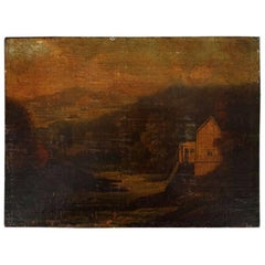 Antique Hudson River School Oil on Canvas of River Landscape with Farmhouse