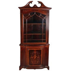Antique French Mahogany Corner Cupboard with Satinwood Marquetry, circa 1900