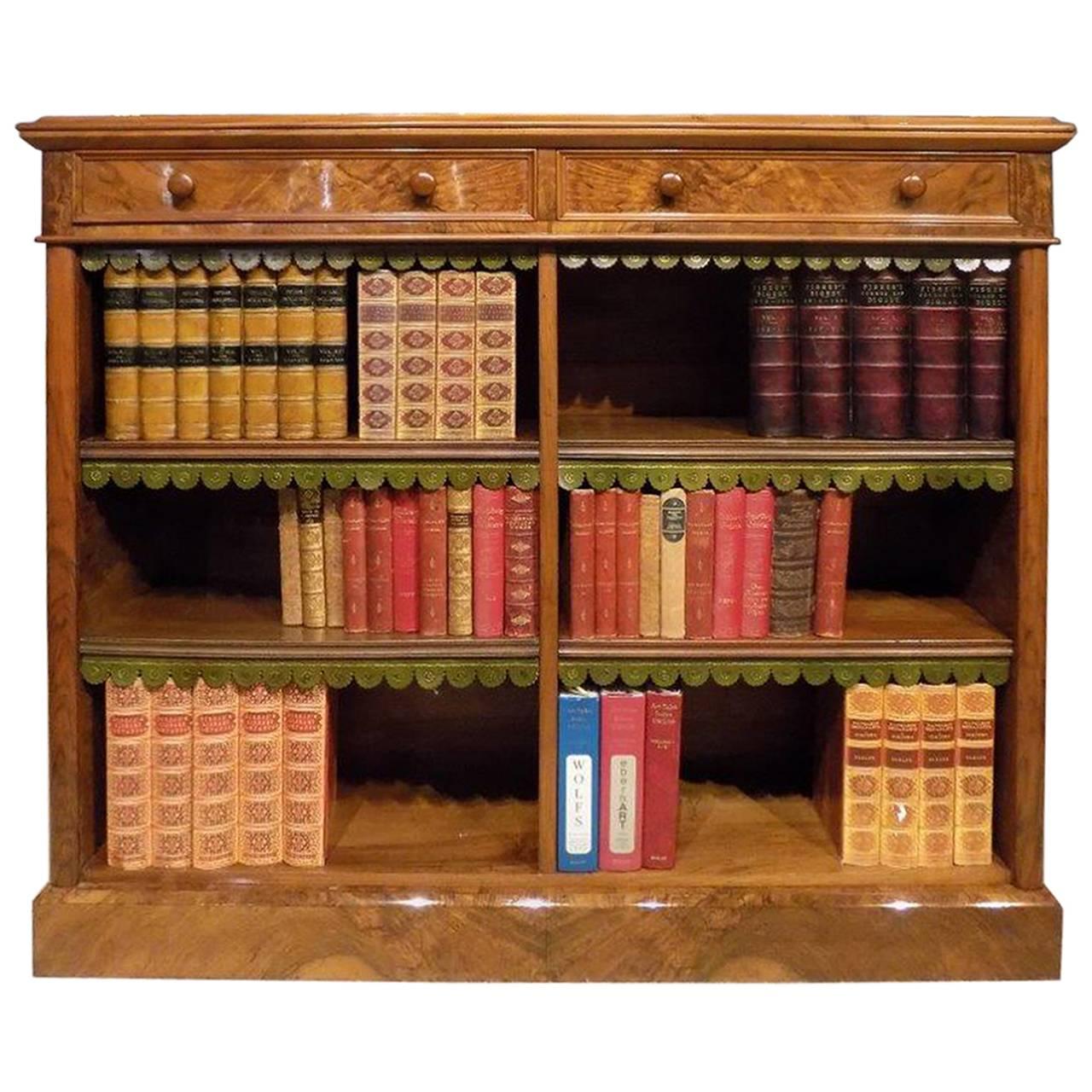 Fine Quality Burr Walnut Victorian Period Antique Open Bookcase