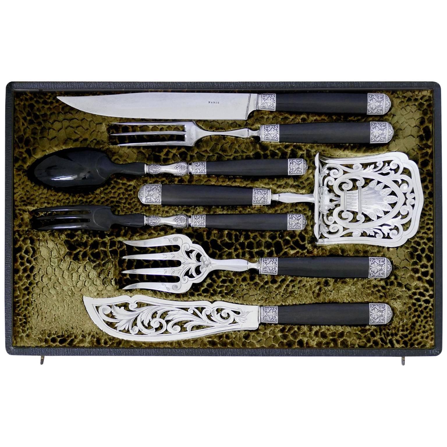 1900s Leprince French Sterling Silver Ebony Serving Implement Set, Box, Acanthus For Sale